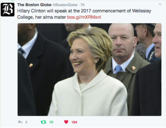 The Boston Globe reports that Hillary Clinton will speak at the 2017 commencement of her alma mater.