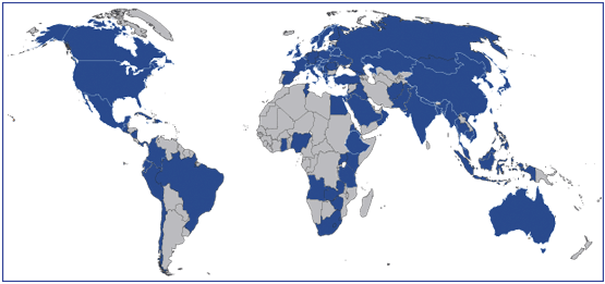 darker blue areas indicate countries represented on campus