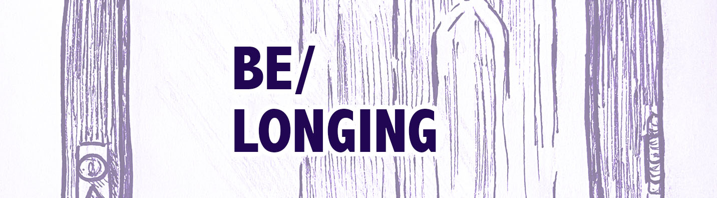 BE/LONGING (purple sans-serif font) on top of lighter purple line drawing of a door with tower reflected in it
