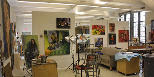 student paintings in studio classroom