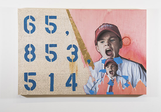 collage with text and numbers on left, repeated image of screaming boy in MAGA hat at right