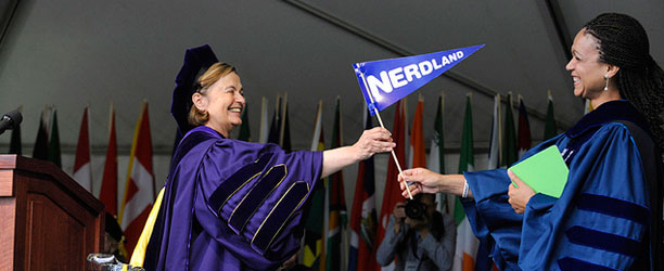 President Bottomly presents Melissa Harris-Perry with a pennant reading "Nerdland"
