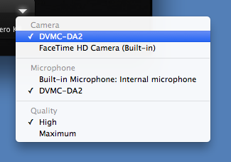 Recording menu with DVMC-DA2 selected as camera and microphone