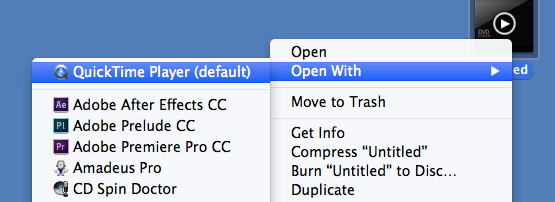 Right-click menu to Open With QuickTime Player