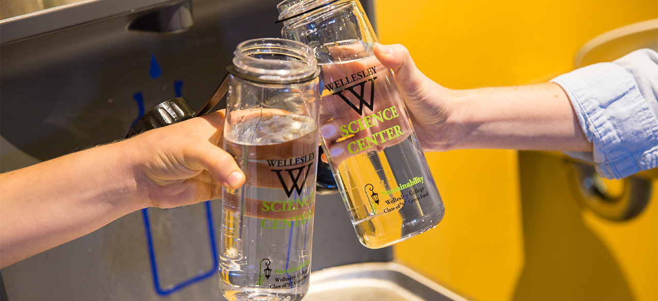 Reusable water bottles filled at new Wellesley Science Center hydration stations
