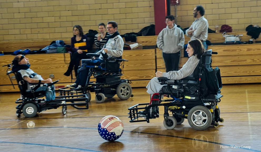 A photo of the Boston Brakers power wheelchair soccer team in action