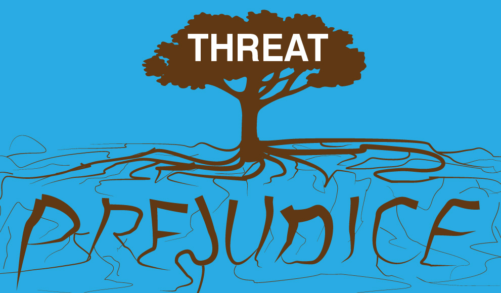 An illustration of a tree reading "threat" with "prejudice" spelled by the roots