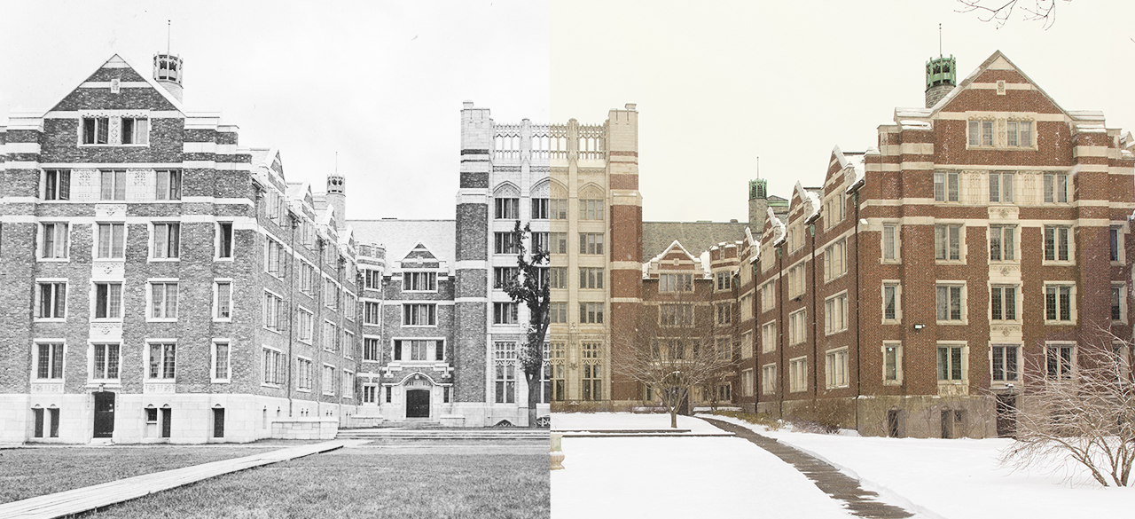 Split screen image of Tower Court building, 100 years ago and today