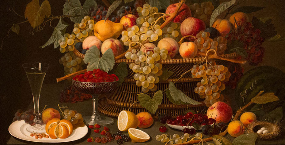 "Still Life with Fruit", Roesen, Severin (attributed to) (German), 1850-60, Oil on canvas mounted on panel, canvas: 30 1/2 in. x 40 1/2 in. (77.5 cm x 102.9 cm), Gift of Mr. and Mrs. Eliot Stetson Knowles.