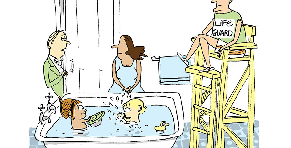 cartoon showing parents supervising children in bathtub, with lifeguard
