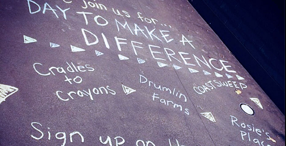 sidewalk chalk messages inviting Day to Make a Difference service