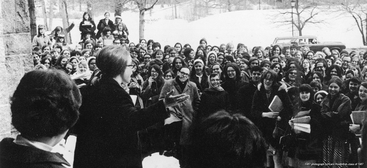 Hillary Rodham speaking at rally at Wellesley College