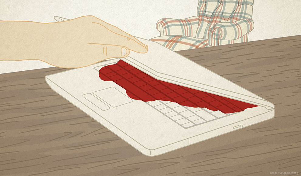 Drawing of a hand opening a laptop. A pool of red, suggesting blood, seeps out of the screen