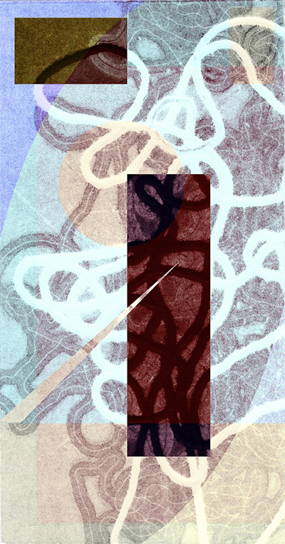 layered print of many colors with dark and light squiggles, a horizontal darker box at top left and a vertical darker box at center right