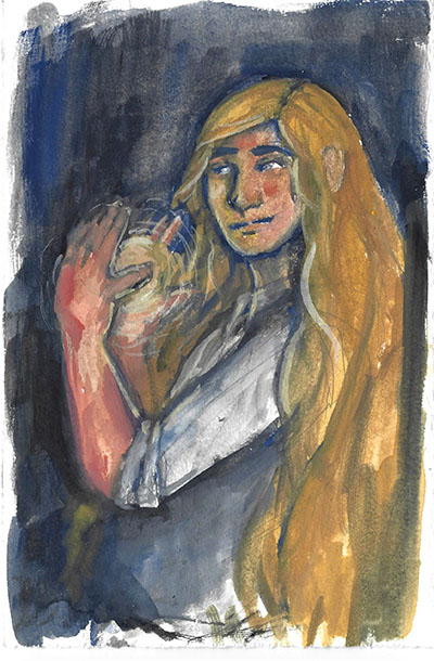 painting of figure with long blonde hair, energy or orb between hands