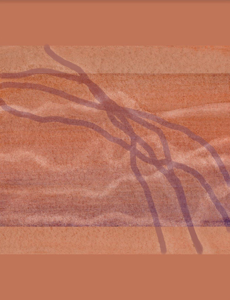 orange print with texture overlay and purple squiggles
