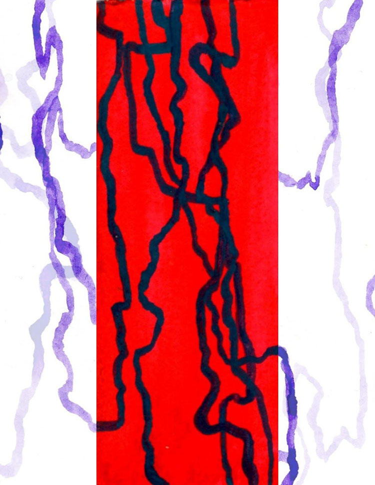 white print with central red rectangle and purple squiggles