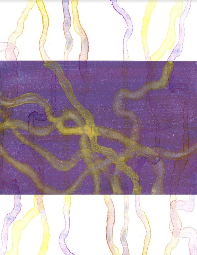 white print with central purple rectangle, yellow and purple squiggles