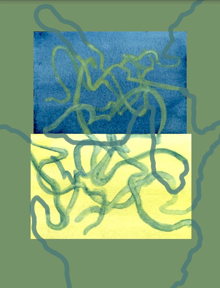 green print with stacked blue and yellow rectangles, blue and green squiggles