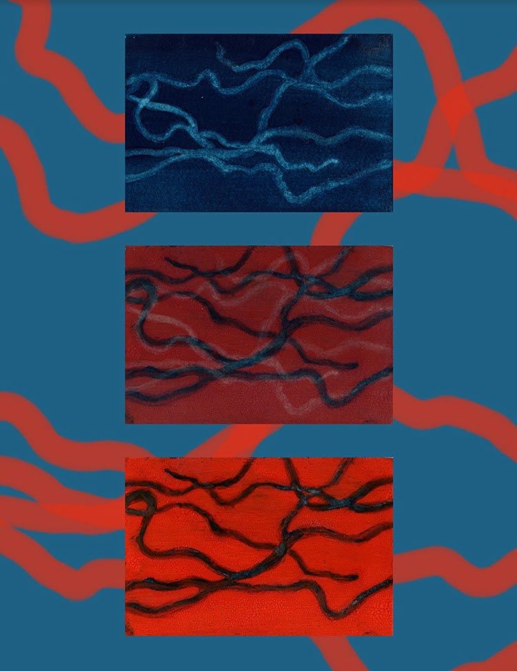 blue print with central rectangles, top dark blue, middle dark red, bottom red, with blue squiggles on the rectangles and larger red squiggles on the background
