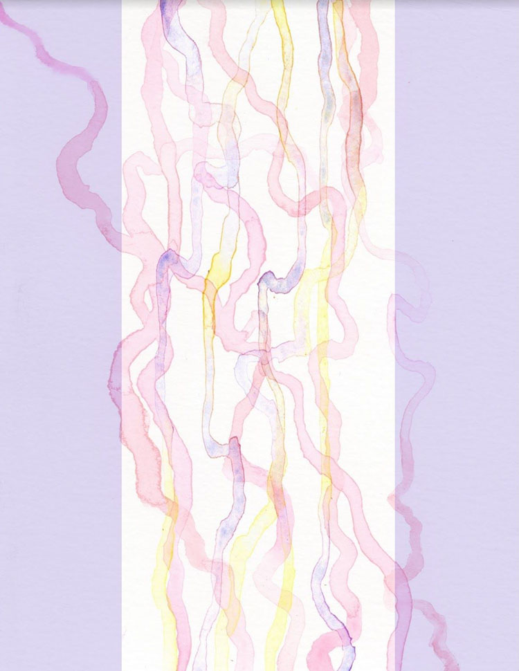 lilac painting with central white rectangle, yellow and pinkish squiggles