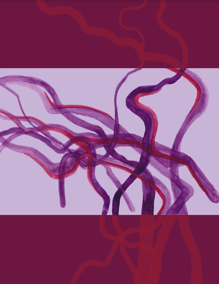 burgundy painting with central lilac rectangle, red and purple squiggles