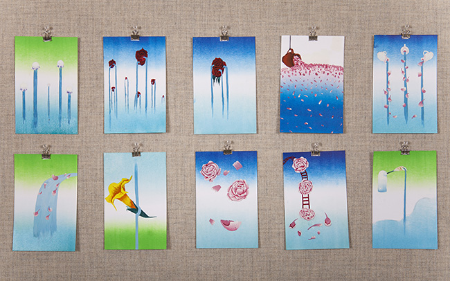 grid of 10 small prints/paintings with blue/white/green gradient backgrounds and various surreal flower scenes