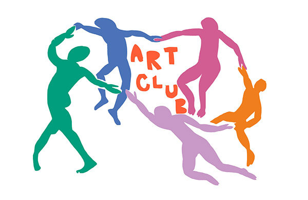 colorful figures based on Matisse's 'Dance' painting surround red ART CLUB text