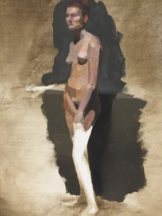 loosely blocked out oil painting of standing female figure