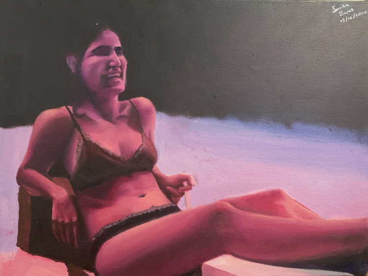 oil painting of reclining female figure in underwear