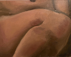 close up oil painting of thigh and knee