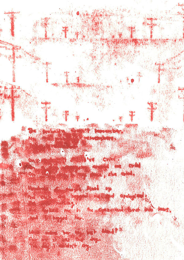red ink print on white with heavily textured images of telephone poles and wires, text mostly obscured by texture at bottom