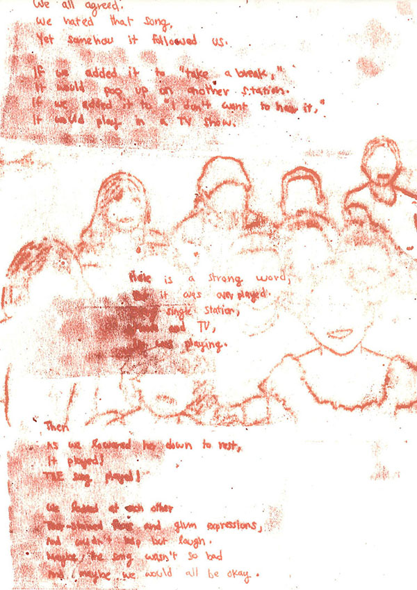 red ink print on white, handwritten text with texture overlay, line drawings of figures head and shoulders, with blank faces, in the center of the page