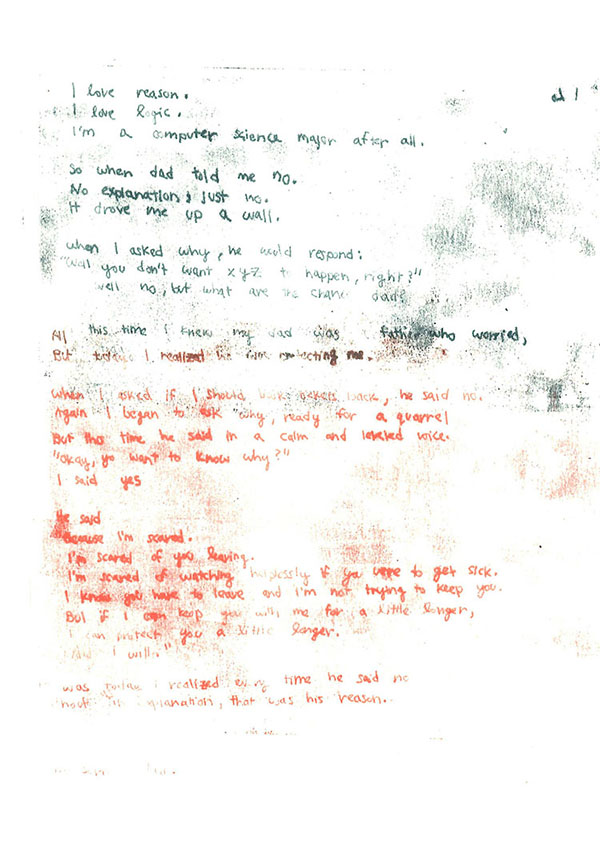 handwritten text printed on white, greenish black above, red below, texture overlay