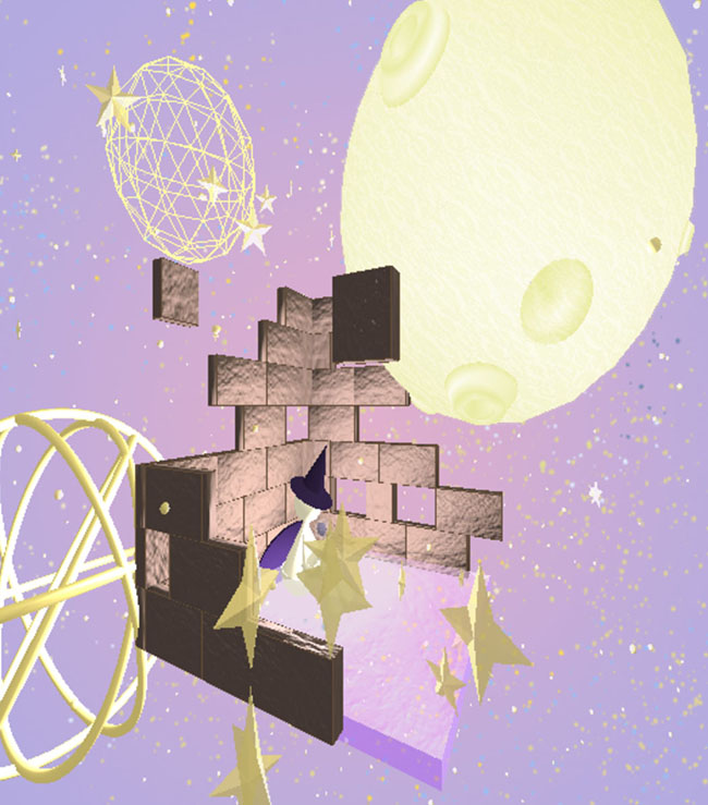 digital rendering of brick with simplified wizard on purple starry background with large pale yellow moon
