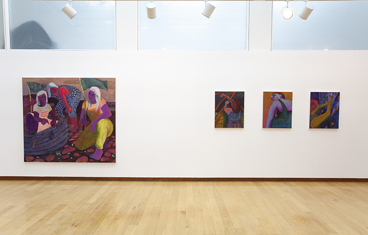 one large figurative painting of 3 women in fantastical colors with flags at left, three small figurative paintings at right