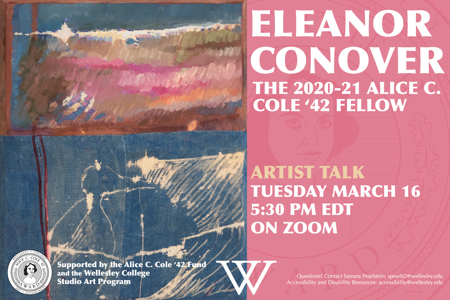 poster for artist talk with abstract blue, pink, brown, and cream painting on the left; right side is pink with an overlay of the Cole fellowship logo