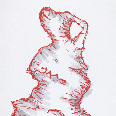 drawing of abstrat form with red and gray ink