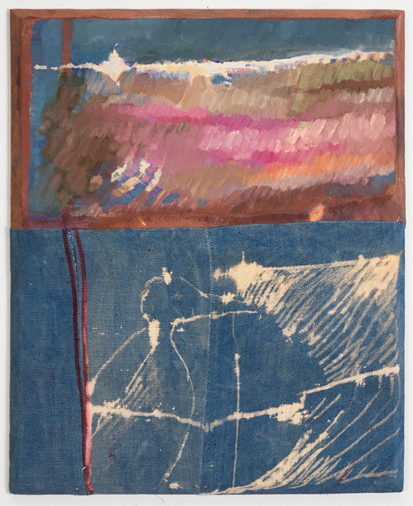 abstract painting with denim blue background, rough strokes in pink, brown, cream in top half, loose cream-colored linework in bottom half