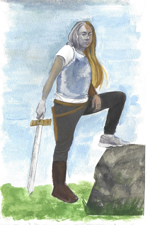 painting of the artist holding a sword, one foot on a rock, half in fantasy warrior garb and half in modern clothing