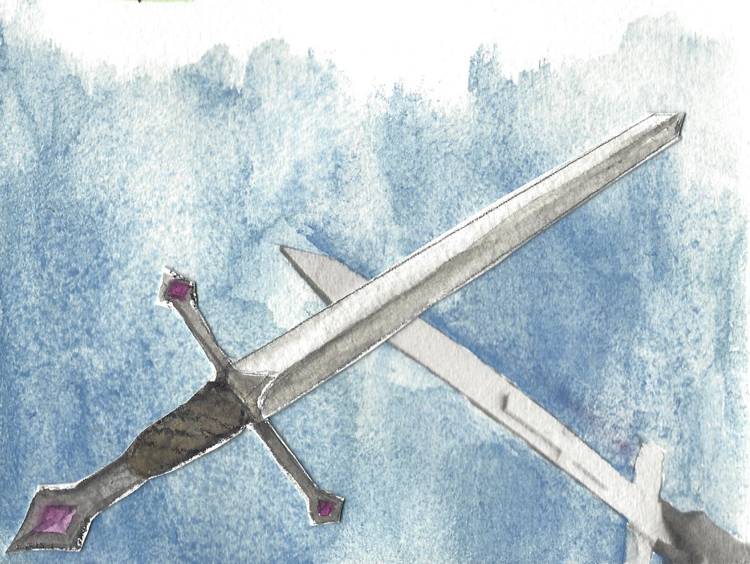 painting of crossed swords with blue background
