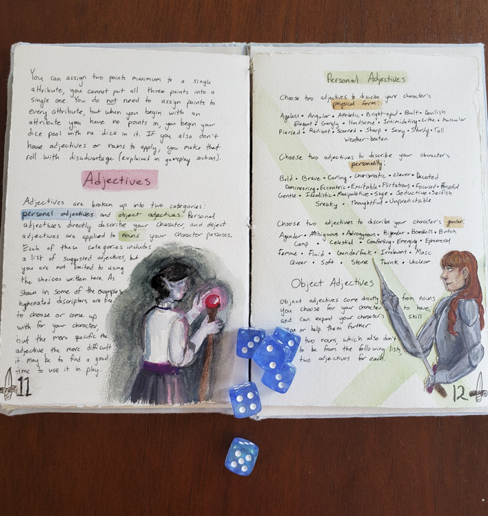 photo of open handmade book spread, both pages with text, left page with painting of figure holding glowing staff, right page with woman in armor, six blue dice on top of the book