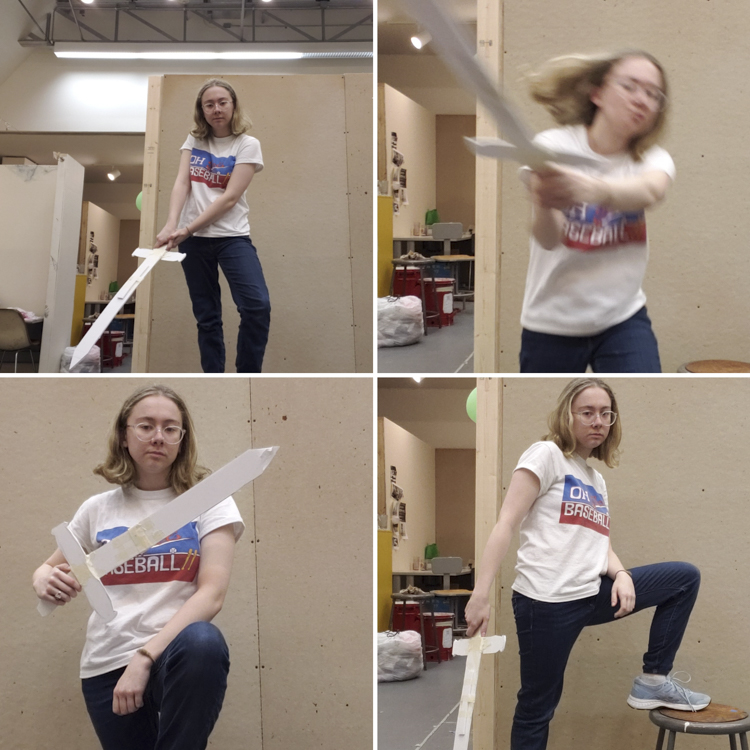 composite of four images of the artist standing in studios, swinging a white, taped together foamcore board sword