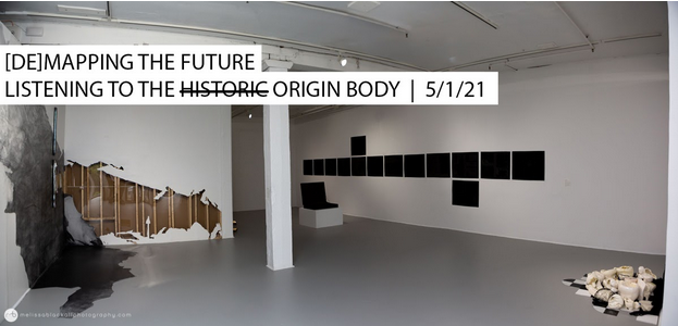 deMapping the Future banner image, title text over exhibition view showing artwork drawn on and cut into gallery walls