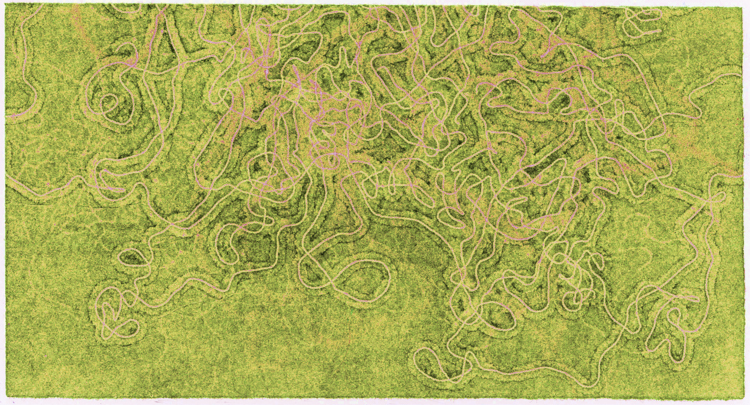 lime green print with overall greenish and pink biological-looking squiggles