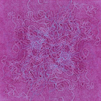 square magenta print with overall pink and light blue biological-looking squiggles