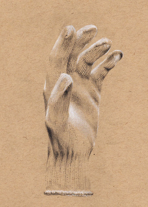 charcoal and white chalk drawing of knit glove on tan paper