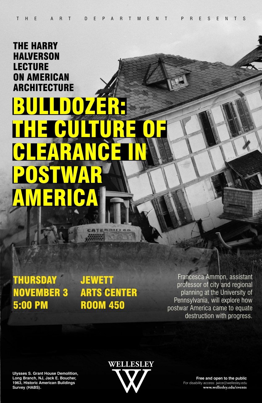 poster for Halverson lecture featuring black and white photo of building being demolished