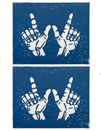 blue and white doubled print of hands making a W gesture