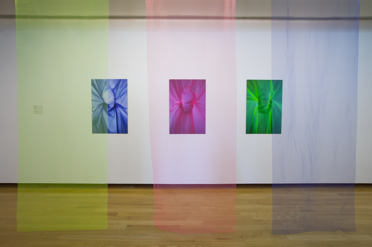 photographs of blue, magenta, and green gathered fabric on white wall with yellow, magenta, blue sheer fabric panels hanging in front